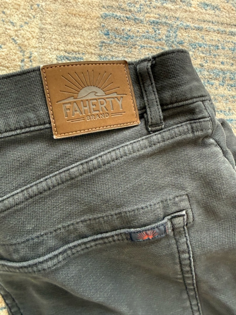 Faherty Charcoal Gray Denim Jeans with Brown Leather Patch